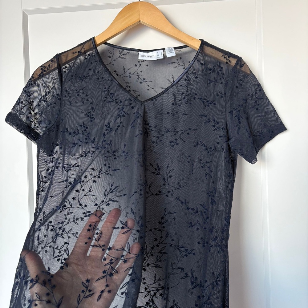 Esprit Sheer Mesh Mini Dress Navy Stars and Floral | Y2K Layering | M